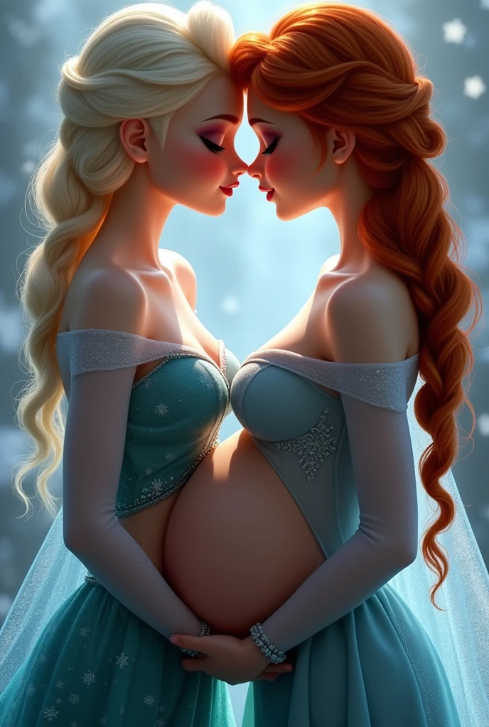 A stunning portrait of Elsa and her sister Anna touching each others breasts, kissing, French kissing, tongues touching, they are kissing, young and beautiful, hyper realistic, real portrait, backlit, exquisite features, cleavage, Elsa is showing her vagina to Anna and asking her to lick her vagina, she is inserting his fingers in her vagina under her skirt, she is fingering her, Elsa is pregnant, Anna is taller than Elsa, Anna is touching Elsa’s pregnant stomach, Anna has red hair, 