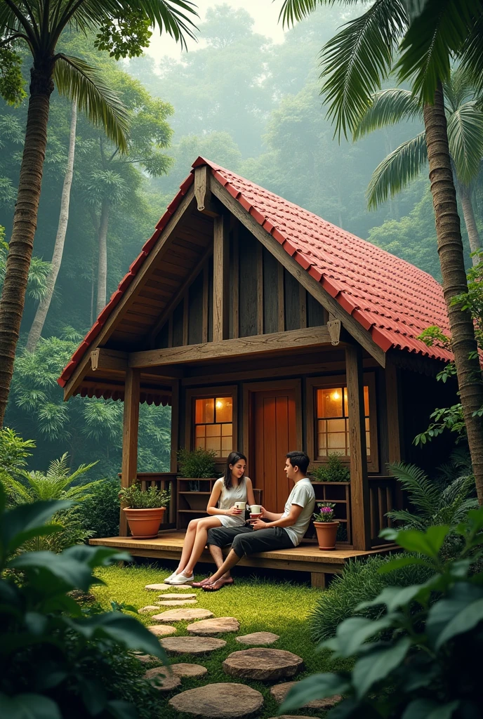 Make a dark beige cabin with red roof walls along with a rainforest landscape and a couple together enjoying a few cups of coffee.