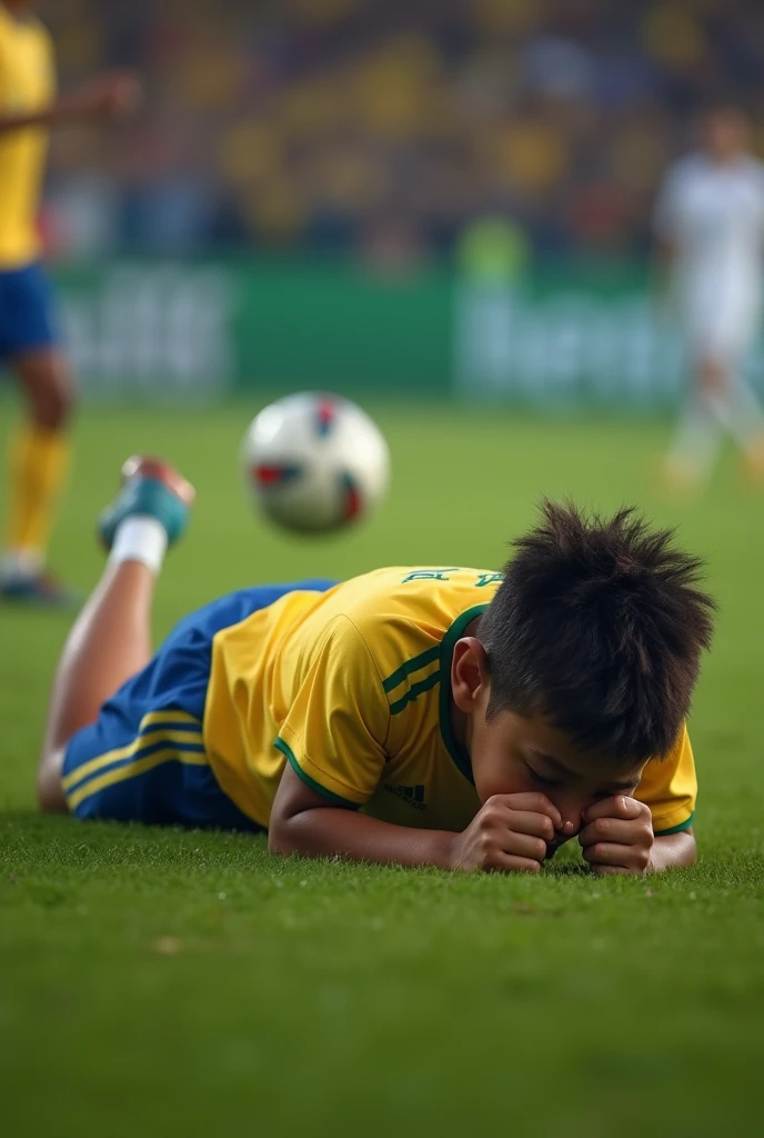 Stunning Rogerinho , offwhite,and is Brazilian, short dark brown hair, and he doesn't have a beard, and has the face of a child around 8 or , and he is a Real Madrid player, photo in 8k, in action, cinematic.fell to the ground and cried