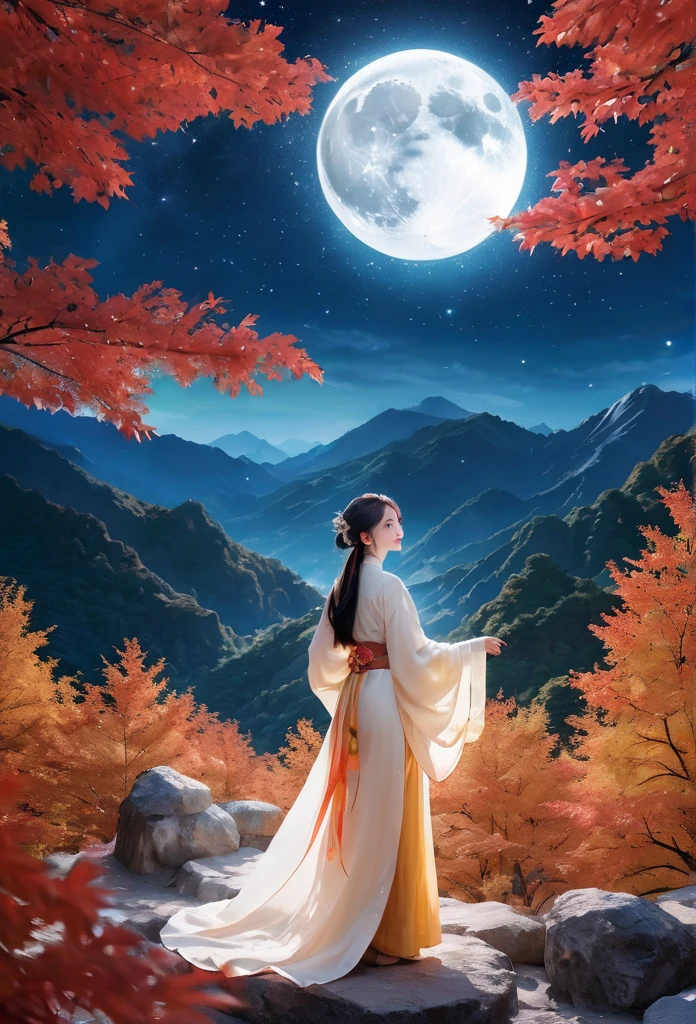 (masterpiece, best quality:1.2), full moon,The Great Moon,moonlight,1girl,Dynamic pose,Girl's posture,autumn leaves,black hair,cloud,constellation,flower,galaxy,lantern,leaf,light particles,long hair,long sleeves,night,Turn your back to the camera, look sideways, full body,Blue Hanfu,Mid to Long Range,Standing on the stone paved path,maple leaf,milky way,mountain,mountainous horizon,nature,night sky,orange flower,outdoors,sky,smile,solo,space,standing,star \(sky\),starry sky,starry sky print,tree,yellow flower,glow,Hazy light,Floodlight,Light effects,Optical particle,Luminous,High brightness contrast,XCYP Lady Hand,