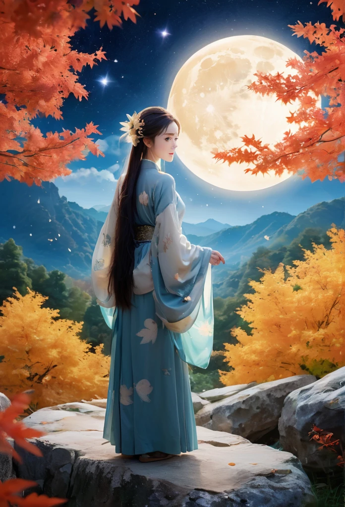 (masterpiece, best quality:1.2), full moon,The Great Moon,moonlight,1girl,Dynamic pose,Girl's posture,autumn leaves,black hair,cloud,constellation,flower,galaxy,lantern,leaf,light particles,long hair,long sleeves,night,Turn your back to the camera, look sideways, full body,Blue Hanfu,Mid to Long Range,Standing on the stone paved path,maple leaf,milky way,mountain,mountainous horizon,nature,night sky,orange flower,outdoors,sky,smile,solo,space,standing,star \(sky\),starry sky,starry sky print,tree,yellow flower,glow,Hazy light,Floodlight,Light effects,Optical particle,Luminous,High brightness contrast,XCYP Lady Hand,