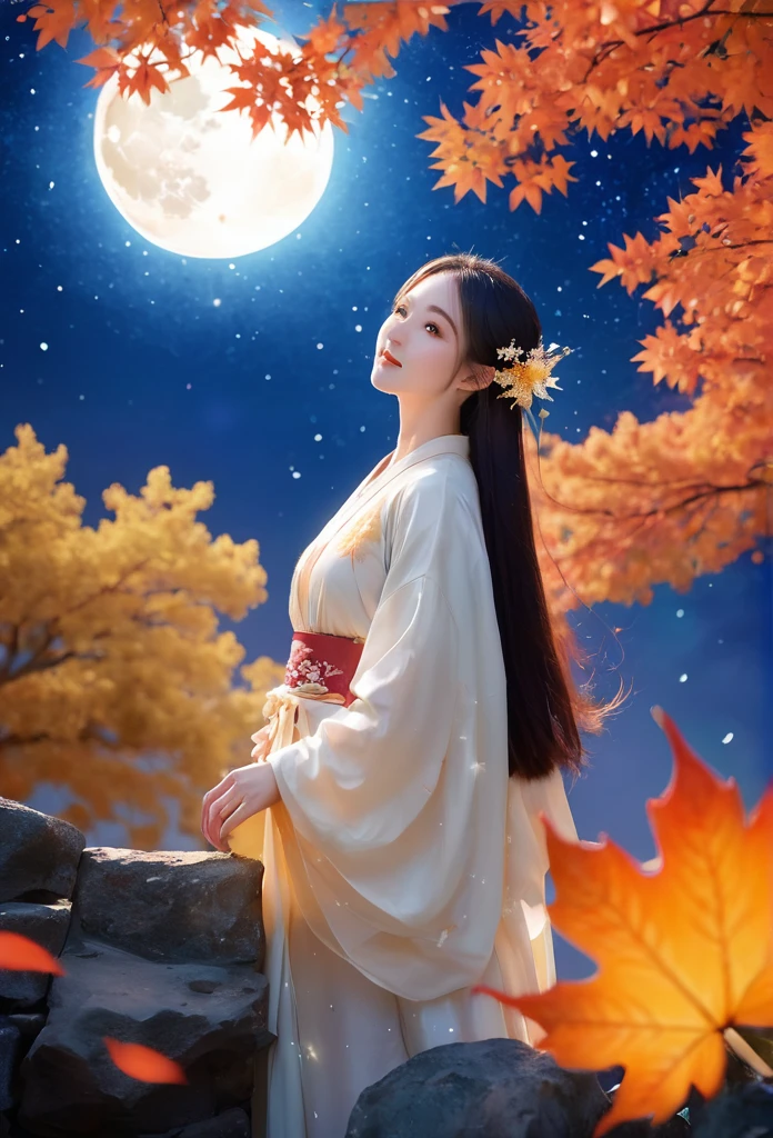 (masterpiece, best quality:1.2), full moon,The Great Moon,moonlight,1girl,Dynamic pose,Girl's posture,autumn leaves,black hair,cloud,constellation,flower,galaxy,lantern,leaf,light particles,long hair,long sleeves,night,Turn your back to the camera, look sideways, full body,Blue Hanfu,Mid to Long Range,Standing on the stone paved path,maple leaf,milky way,mountain,mountainous horizon,nature,night sky,orange flower,outdoors,sky,smile,solo,space,standing,star \(sky\),starry sky,starry sky print,tree,yellow flower,glow,Hazy light,Floodlight,Light effects,Optical particle,Luminous,High brightness contrast,XCYP Lady Hand,