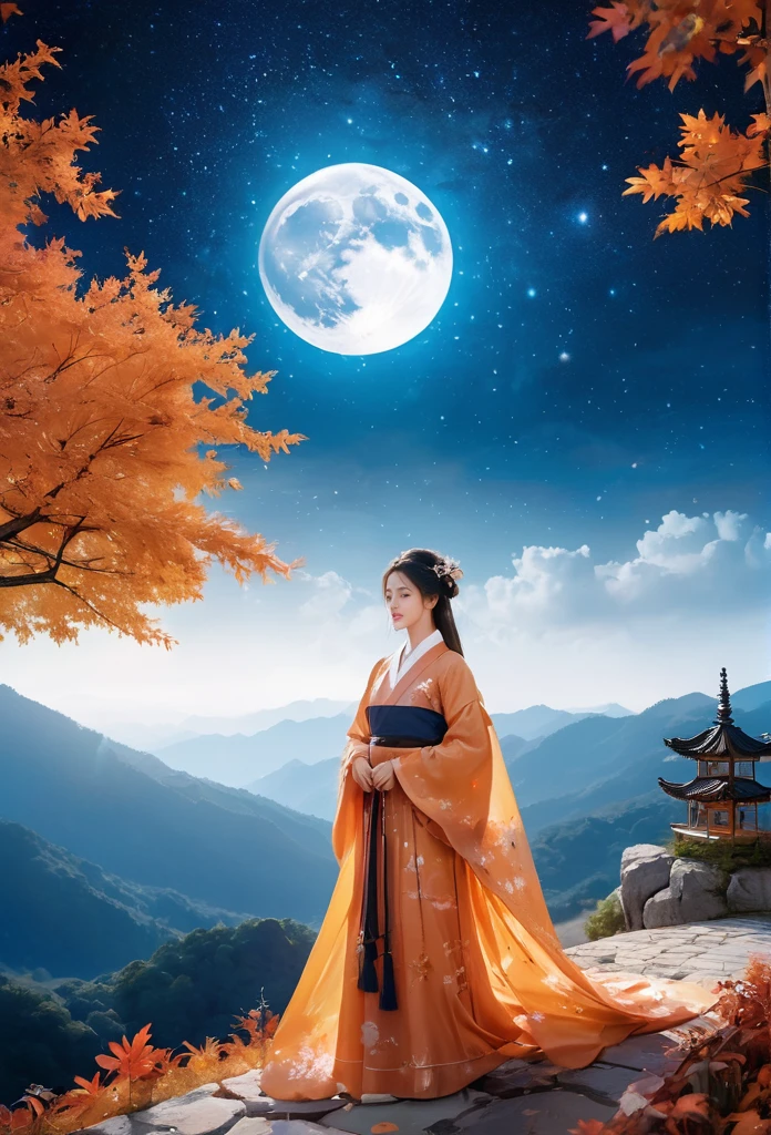 (masterpiece, best quality:1.2), full moon,The Great Moon,moonlight,1girl,Dynamic pose,Girl's posture,autumn leaves,black hair,cloud,constellation,flower,galaxy,lantern,leaf,light particles,long hair,long sleeves,night,Turn your back to the camera, look sideways, full body,Blue Hanfu,Mid to Long Range,Standing on the stone paved path,maple leaf,milky way,mountain,mountainous horizon,nature,night sky,orange flower,outdoors,sky,smile,solo,space,standing,star \(sky\),starry sky,starry sky print,tree,yellow flower,glow,Hazy light,Floodlight,Light effects,Optical particle,Luminous,High brightness contrast,XCYP Lady Hand,