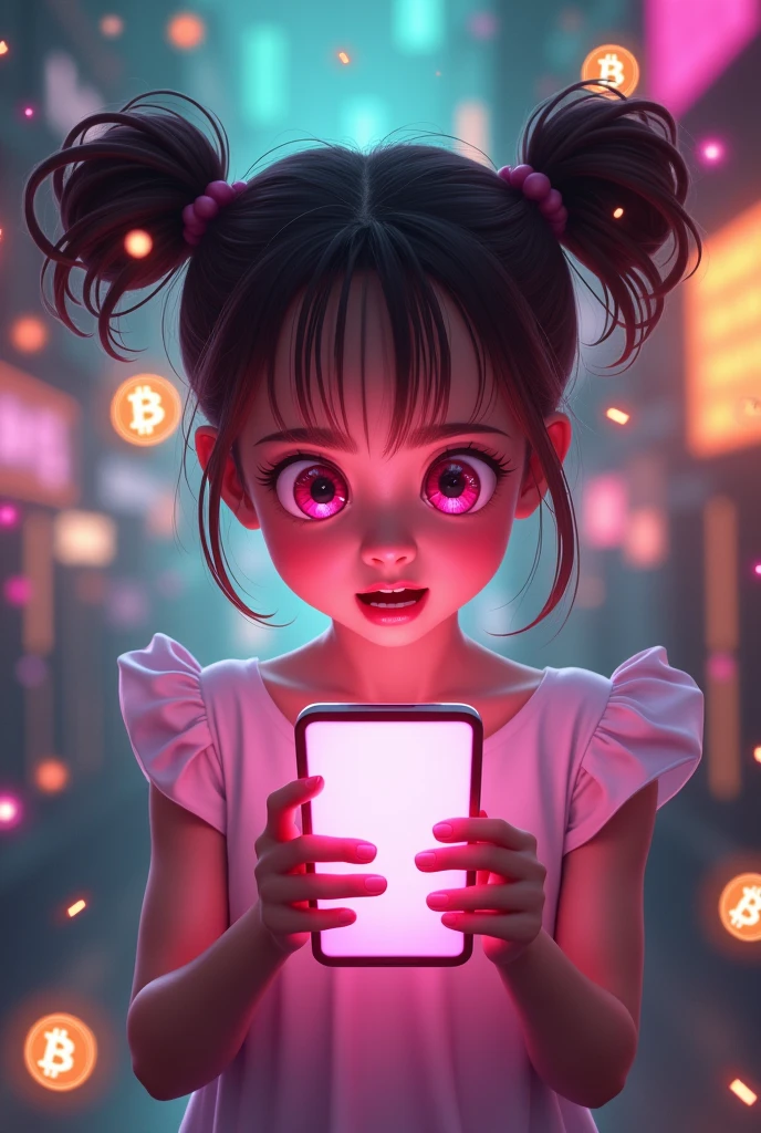 Pink eyes and twin bun hair、White dress。In the center of the image is the、Eyes wide with expectation、Excited、The photo shows the whole body of a young, lively girl with a slightly obsessive look on her face.。She holds the smartphone close to her face、It's glowing with an incoming AirDrop notification.。On the smartphone screen、Various cryptocurrency icons are displayed falling from the sky like digital raindrops.、「Airdrop Addiction 」Expressing。
Around her、Floating Coin、token、The background is filled with Bitcoin symbols.、Vibrant、It creates an almost chaotic atmosphere.。The color palette includes neon brown、purple、Green is used、Reminiscent of a futuristic digital world。