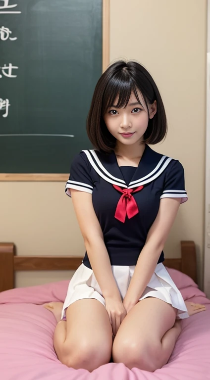 Actual photos of Japanese  high school, A full body photo from head to toe，Beautiful woman with a young face，Blank look，Transparent, lustrous skin，Bob hair or short cut，Summer sailor suit，The ribbon is red，uniform, summer sailor uniform, Short skirt, She lifted her skirt to show her panties., In her room，Sit on the bed，Sit with your legs apart，I masturbate to adult rape videos every day, I have no experience with men, But I want to have sex, I have a rape wish，Attractive thighs，Sweating