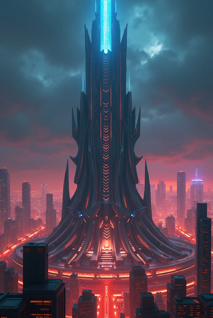 a beautiful palace cyberpunk, aggressive design, rendering 3D, made of plastica and metal, angelic sword themed, futuriatic style, futuriatic night city background, Red Orange and Blue colors, High like a skycraper , aggressive boor design