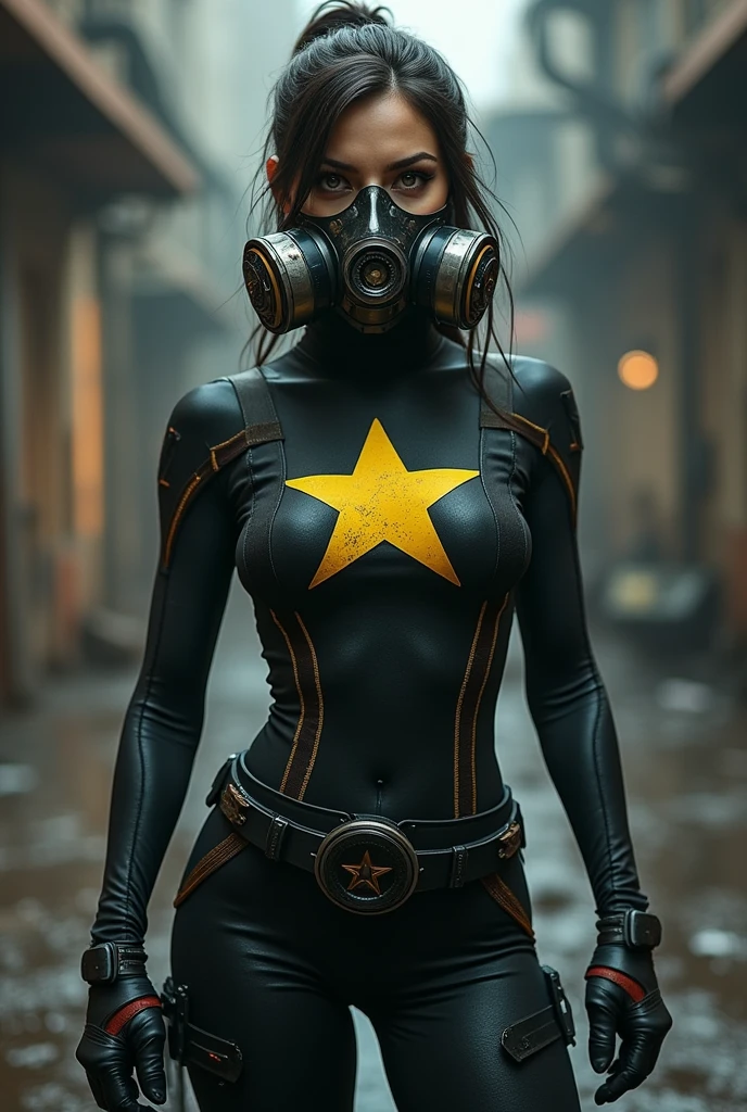 WOMAN hero, DARK glue , YELLOW star on the chest, ARTPOP gas mask