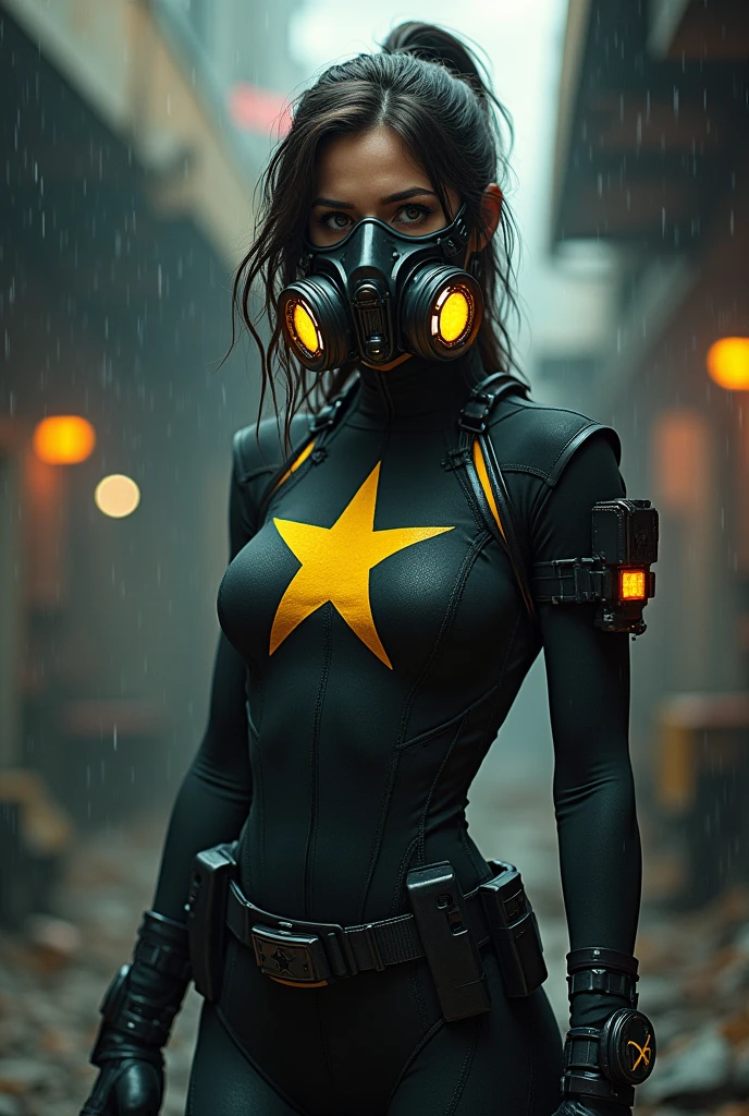 WOMAN hero, DARK glue , YELLOW star on the chest, ARTPOP gas mask