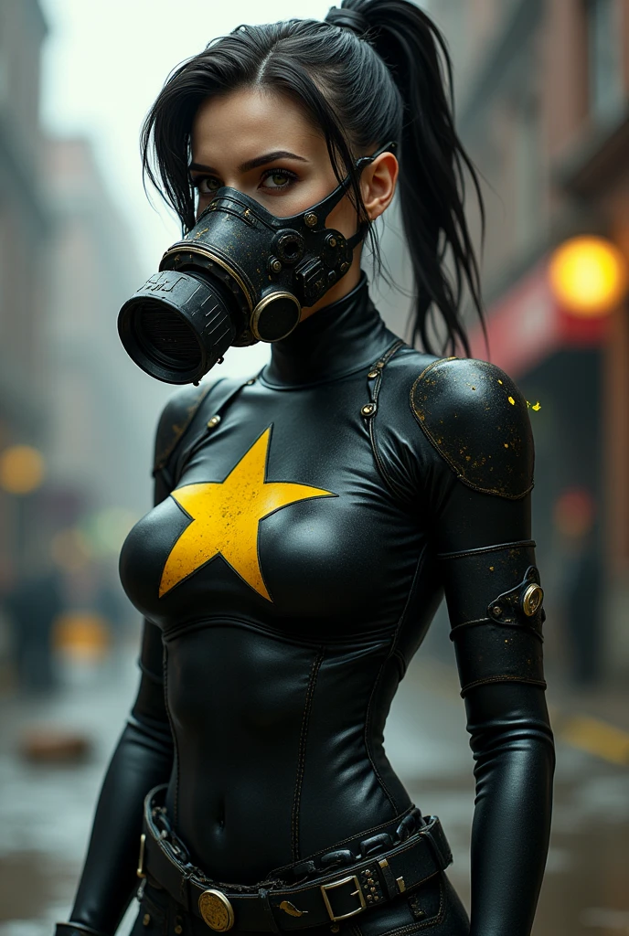 WOMAN hero, DARK glue , YELLOW star on the chest, ARTPOP gas mask