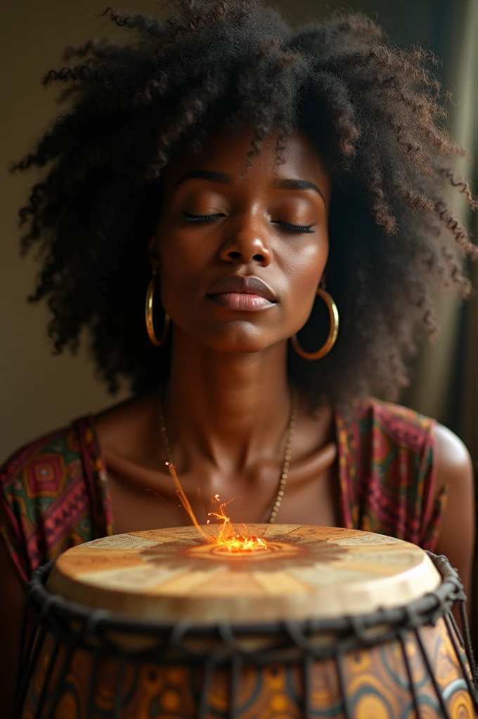 Scene 2: Zuri Healing with the Drum
"A close-up of Zuri with her eyes closed, playing a beautifully decorated African drum with a tranquil expression. Her face reflects profound peace and inner healing, as the drum’s rhythmic beats seem to radiate through the air as glowing lines, indicating her emotional and spiritual journey. The background is softly blurred, concentrating on Zuri's serene transformation and the intricate patterns on the drum."