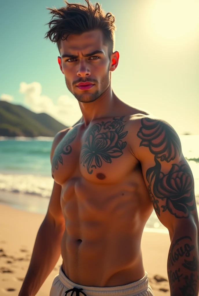 a young man AI high quality muscular tattoo with name ruy light skin tanned piercing gaze pink mouth with realistic swim trunks beach