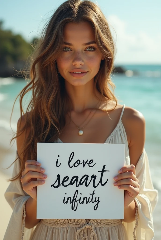 Beautiful girl with wavy long hair, bohemian dress, holding a white board with text "I Love Seaart Infinity" and showing it to the viewer
