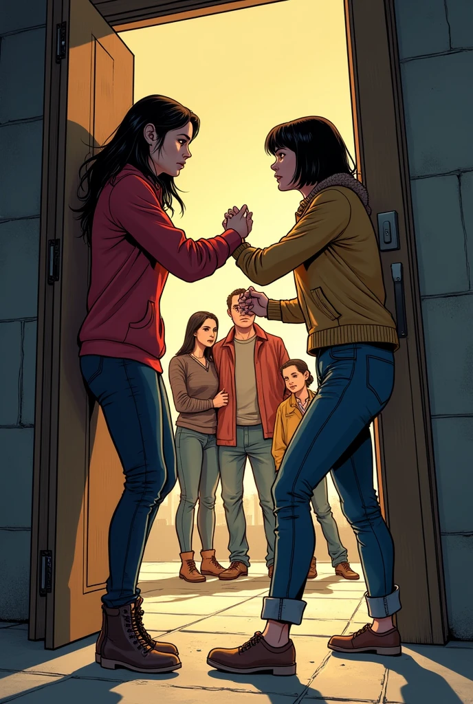 A long black haired woman is on the left side of the door is getting bullied but not fight back and on the right side of the door is the short black haired woman fighting and her family got her back comic style