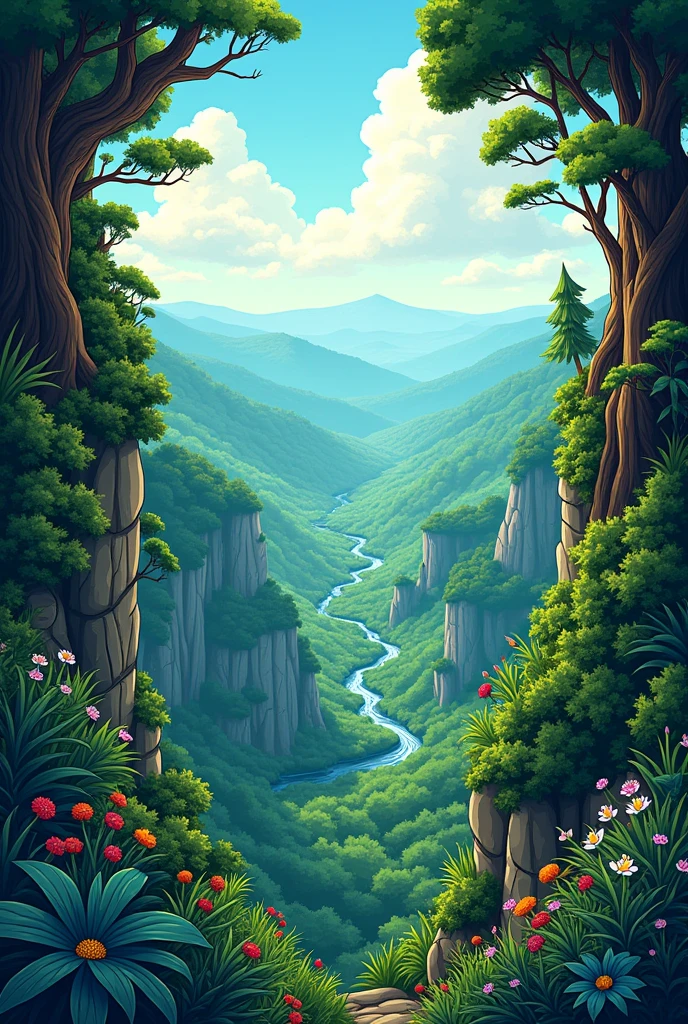 Editorial cartoon about the forest of the nature from cliff view that easily drawn in coreldraw