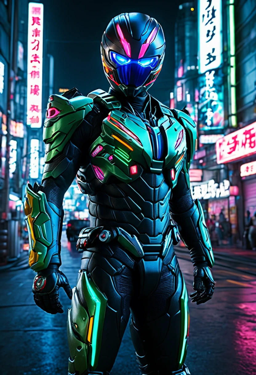 A cool humanoid robot resembling a Japanese special effects hero such as Kamen Rider or Garo is holding a laser saber.。The surroundings are a city at night with the aurora shining.