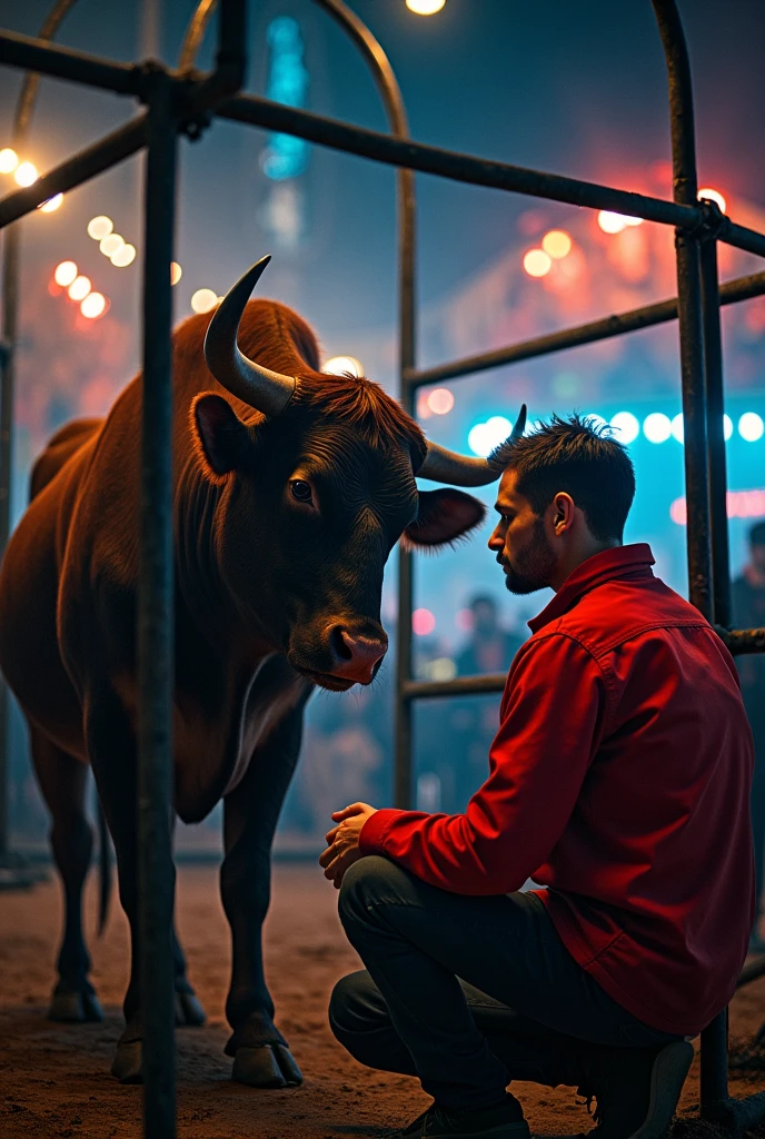 (best quality, masterpiece) using canon 5D mark II, sigma 24 mm f1,8 lens, (a bull and a man wearing a red shirt are in an iron cage, bull facing down, sad bull, man sitting next to bull), (in the circus stage, the night, many colorful lights),
