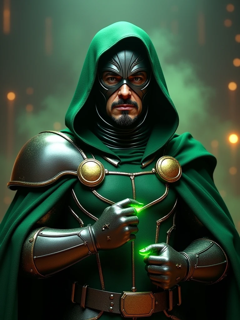 Create a highly detailed and realistic portrayal of Robert Downey Jr. as Dr. Doom. The character should wear the iconic metallic armor and green hooded cloak of Dr. Doom, with a stern, authoritative expression on his face. The mask is slightly lifted to reveal RDJ's distinctive facial features, particularly his eyes and goatee, blending his personality with the intimidating presence of Dr. Doom. Add a subtle, eerie green glow emanating from his eyes, hands, and parts of the armor, enhancing the mystical and powerful aura of the character. The background should be dark and moody, with hints of a futuristic, dystopian cityscape or a high-tech throne room. The overall atmosphere should be intense, capturing the fusion of RDJ's charisma with Dr. Doom's formidable nature."