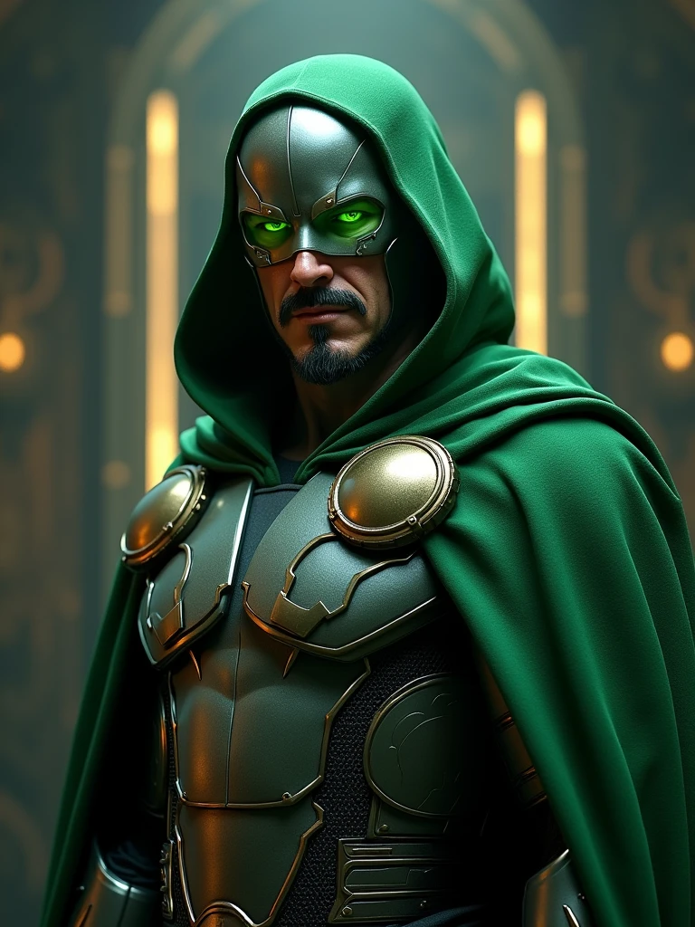 Create a highly detailed and realistic portrayal of Robert Downey Jr. as Dr. Doom. The character should wear the iconic metallic armor and green hooded cloak of Dr. Doom, with a stern, authoritative expression on his face. The mask is slightly lifted to reveal RDJ's distinctive facial features, particularly his eyes and goatee, blending his personality with the intimidating presence of Dr. Doom. Add a subtle, eerie green glow emanating from his eyes, hands, and parts of the armor, enhancing the mystical and powerful aura of the character. The background should be dark and moody, with hints of a futuristic, dystopian cityscape or a high-tech throne room. The overall atmosphere should be intense, capturing the fusion of RDJ's charisma with Dr. Doom's formidable nature."
