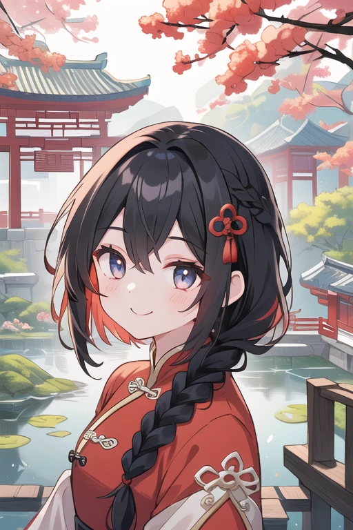 Highest quality、Ultra-high resolution、Highly detailed face、Eye highlights、Girl with braided black hair、Red Chinese Dress、Chinese style garden、Standing on a bridge over a pond、smile、Upper body close-up