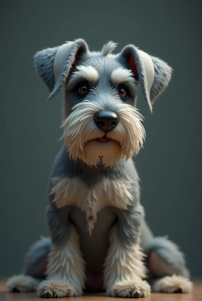 Schnauzer dog with his ears injured and completely bandaged with gauze with a sad look.