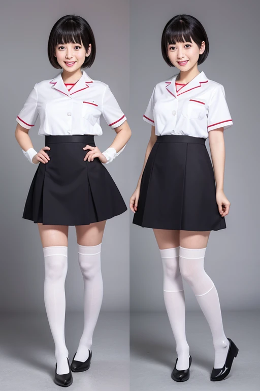 White knee-high socks、Nurse uniform、White pumps、Japanese women、whole body、Black Hair、short hair、Standing posture、smile、 High resolution, Gaze, Anatomically correct, Highest quality、20-year-old