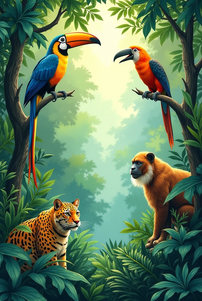 Amazon in watercolor design effect, with animals and forest
