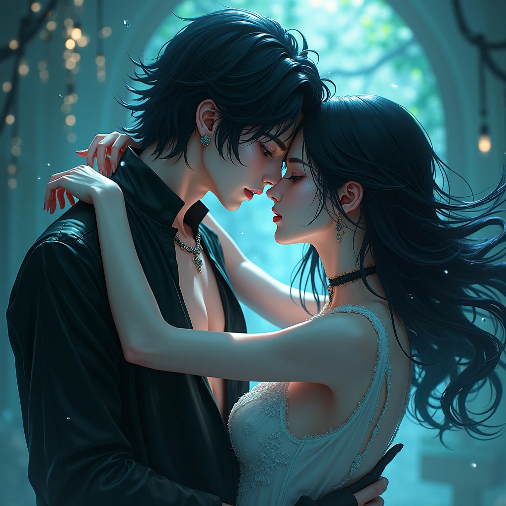 Male. Long black hair. Teal blue eyes, Male, gothic clothes, Surrealism, Sexy, Masterpiece, Shiny, 8k, super detail, Shiny, Beautifully detailed, Pretty drawn. Anime style. Sexy pose, hot. Seductive pose. Anime style. Kissing a hot blonde male. (((Male x Male))))😡