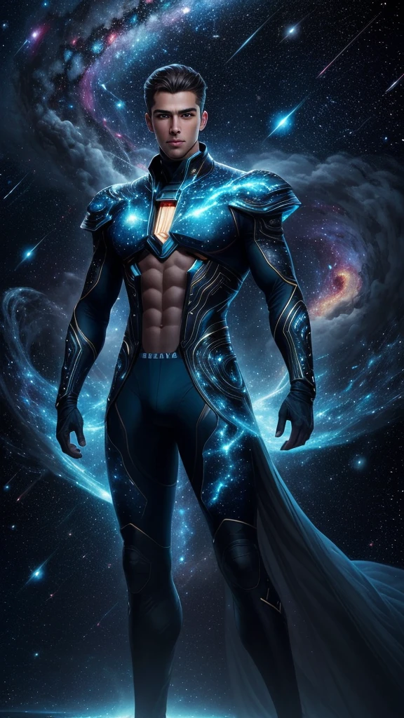 (masterpiece, high resolution, detailed:1.3), a mesmerizing depiction of a (strikingly handsome young man:1.2) donning (wearing transparent see-through futuristic clothes, bulge:1.2), standing against the backdrop of the vast and mysterious cosmos, breathtaking grandeur, LED internal lighting, cyberpunk style, fibre optic hair, glowing blue iris, muscular, best quality, masterpiece, His (toned physique:1.2) is bathed in the soft glow of distant stars, creating an otherworldly aura. As he gazes out into the depths of space, his (intense blue eyes:1.2) reflect the wonder and curiosity of his cosmic journey. The intricate details of his attire and the (subtle gleam:1.2) on his skin are meticulously captured, lending an air of realism to the scene. The celestial expanse behind him is a tapestry of (nebulous formations:1.2), (dazzling galaxies:1.2), and (shooting stars:1.2), a breathtaking testament to the beauty of the universe. This artwork melds the allure of a beautiful man with the awe-inspiring vastness of space, evoking a sense of both intimacy and grandeur. intricate details, dynamic pose, dynamic angle, (surreal), (illustration), ((oil painting \(medium\):1.2)), sharp focus, soft lighting, vibrant colors, cinematic photography, dynamic angle, volumetric lighting, film grain, hard shadows