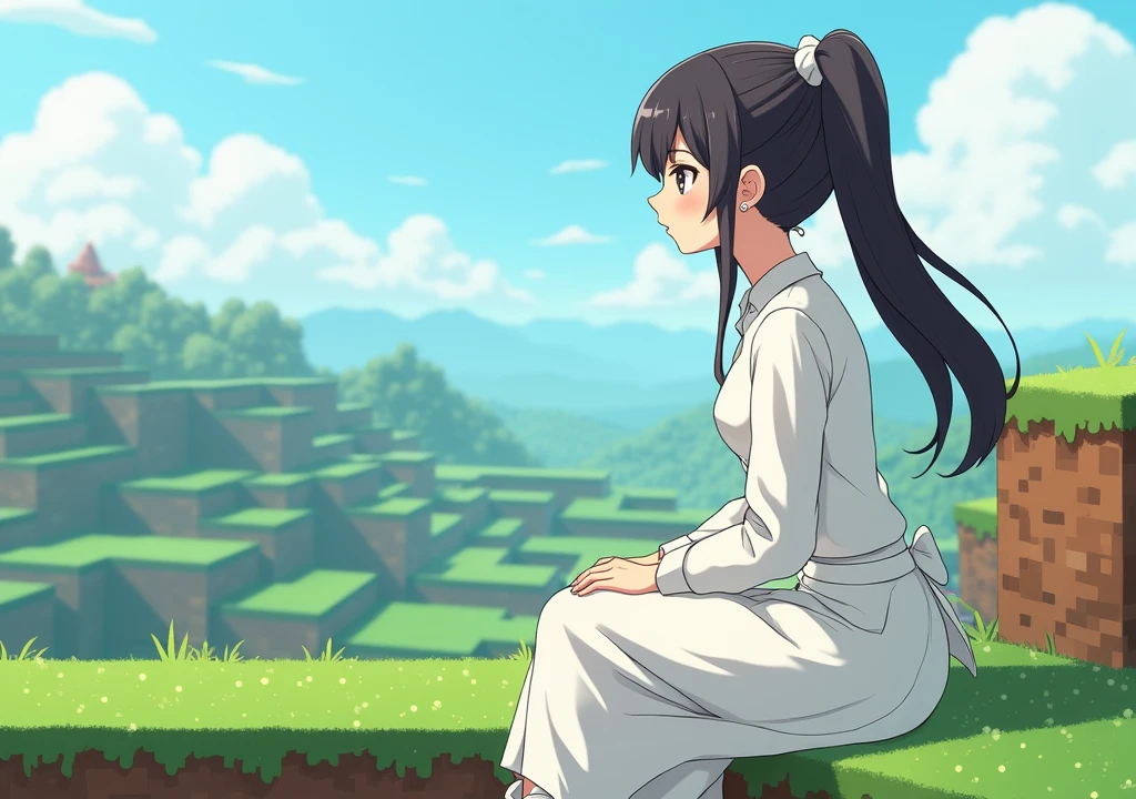 an adult female character in white 2d anime clothes looking at a landscape in minecraft