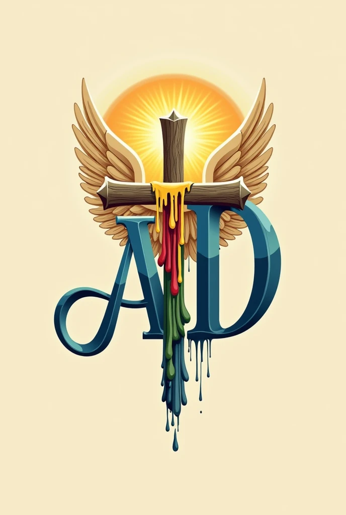 I want a capital A and a D in italics that should stand out Blue color with a golden angel halo In the background a cross made up of two nails from which a drop of yellow runs and falls, a drop of red and a drop of green, just one drop of each color And at the base of the cross there is a small 8-pointed white star Keep in mind that it is for a logo for a youth community and the background should be light brown Do not forget that it is an eight-pointed star