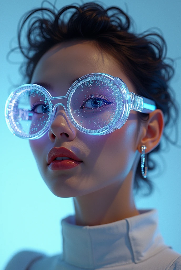The model is wearing glass sunglasses with stars and glass