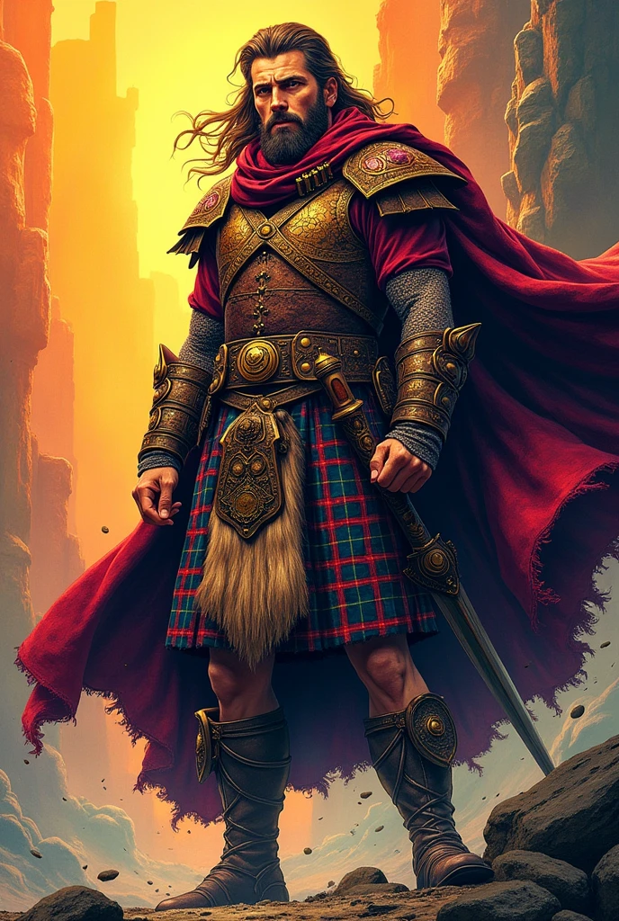 Comic style wallpaper in 4K: A Scottish warrior in heroic pose, wearing a traditional costume complete with a black hurdy-gurdy. The design should capture a vibrant and dynamic style, with vivid colors and exaggerated details typical of comics. The image should highlight the texture and richness of traditional clothing., as well as the intricate design of the hurdy-gurdy.