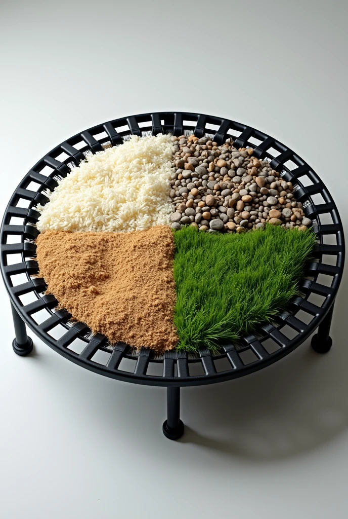 Realistic black mini round trampoline with sensory mat on top divided into four different parts, a part with rice, another with sand, another with grass and another with pebbles. The trampoline has a grid around it with 1,20 metro