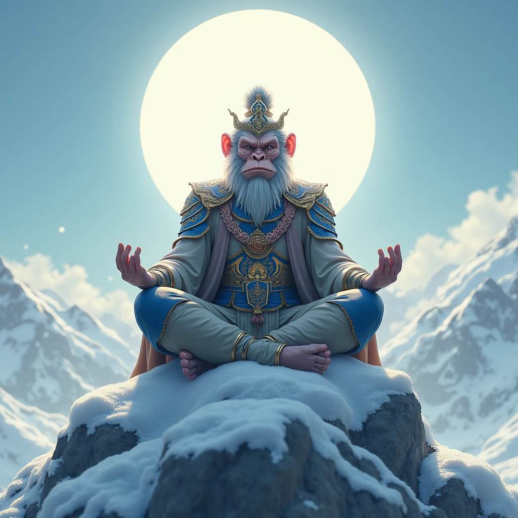 Monkey King wearing Chinese mythology armour, mediating on the top of snowy mountain, perfect monkey king from Chinese mythology, there us a magical circle behind his head which is a portal of energy