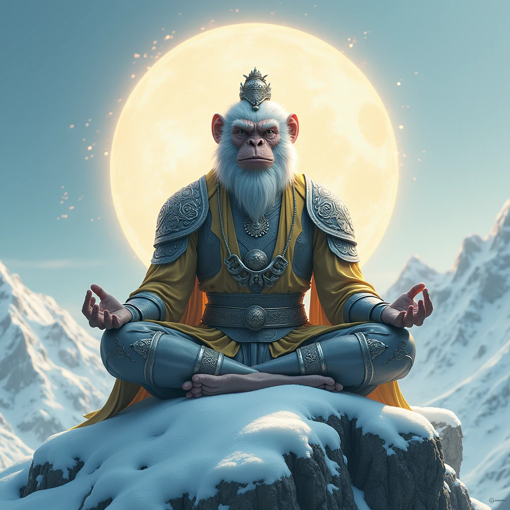 Monkey King wearing Chinese mythology armour, mediating on the top of snowy mountain, perfect monkey king from Chinese mythology, there us a magical circle behind his head which is a portal of energy
