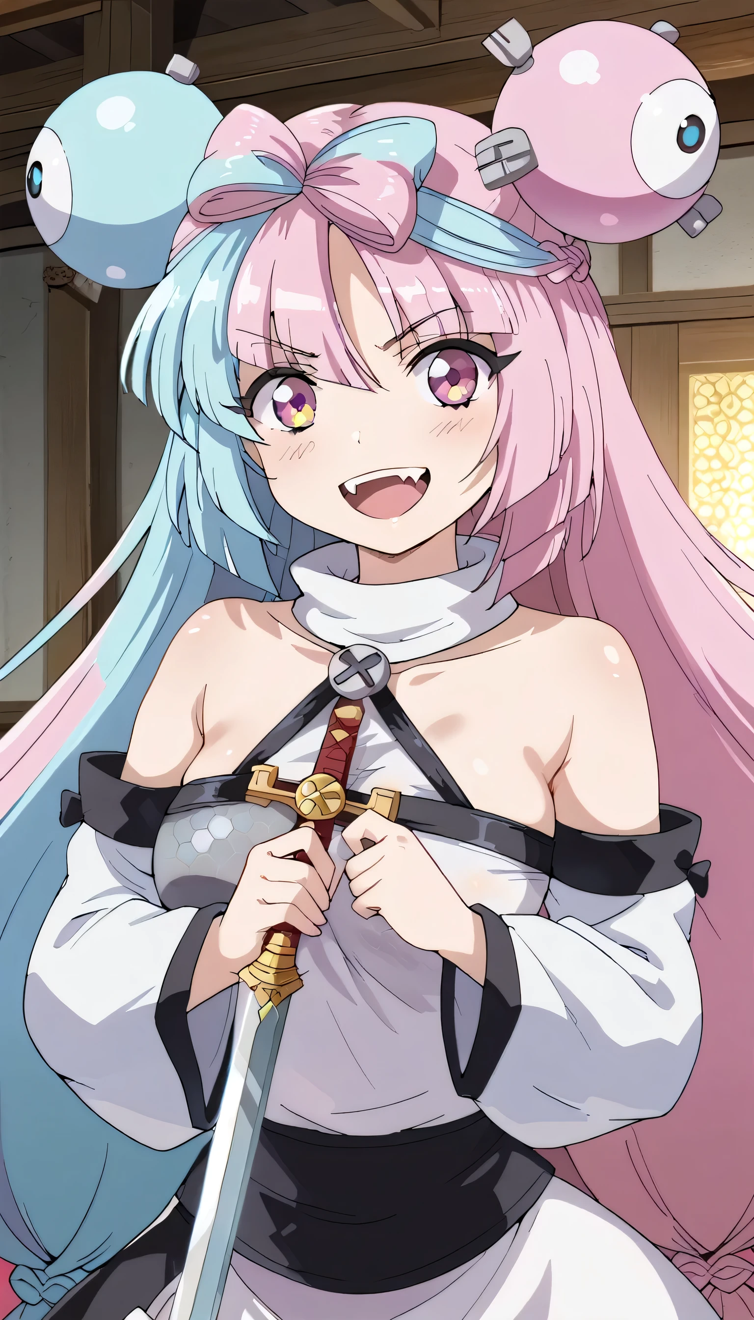 iono,1 girl,pink eyes,solo,smile,open mouth,fangs ,indoors,woman-medieval-clothes, priestess, sword holding, smile