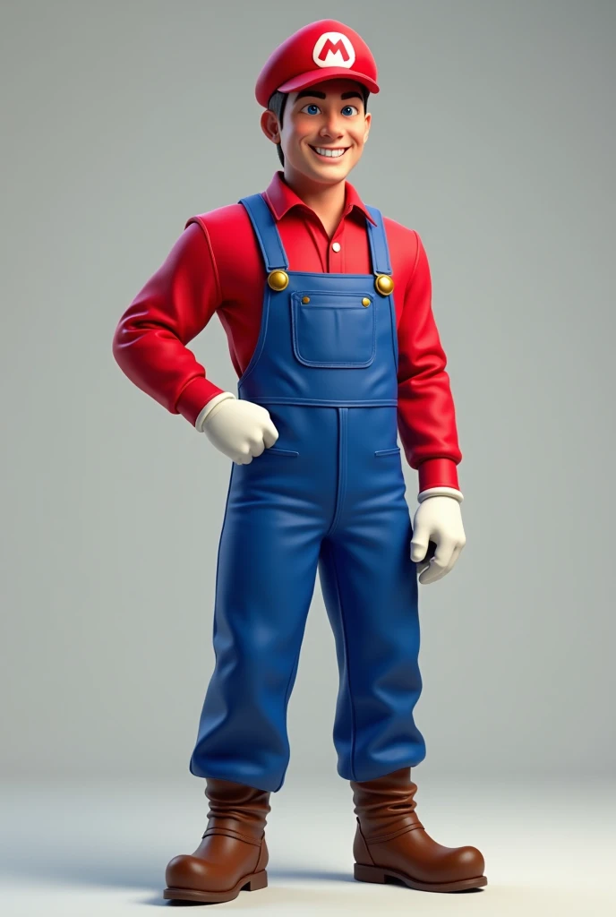 A plumber with a red hat with an m on the hat a red outfit with a blue jumpsuit blue pants brown boots and a white glove