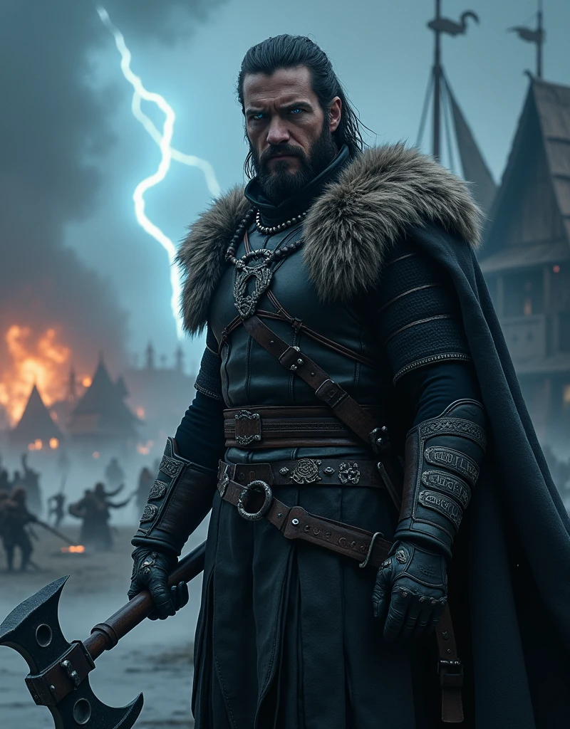**Prompt**:
"A realistic dark fantasy portrait of Thorvik, the Sea Wolf, a human male in his mid-30s. He has handsome, rugged features similar to Ian Somerhalder, with piercing blue-white eyes that glow with supernatural intensity, like the Night King from Game of Thrones. His hair is dark, shoulder-length, and partially braided in a Viking style. He has a medium-length, well-groomed beard with small braids. Thorvik has an athletic and muscular build, standing confidently at approximately 6'1\" (185 cm). He is wearing dark leather armor with metal accents and a fur-trimmed cloak made from wolf pelts. He also has silver arm rings and a necklace with runic engravings. Thorvik is holding a decorated battle axe in one hand, and in the other, either a second axe or a shield. The background features a stormy Nordic coastline with longships visible in the distance, a dark and brooding sky with flashes of lightning, and swirling mist partially obscuring the lower part of the image. The village behind him is under Viking attack, with burning buildings, thick fog, and chaotic destruction. Emphasize the striking contrast between his human Viking appearance and his otherworldly eyes." - Style dark fantasy