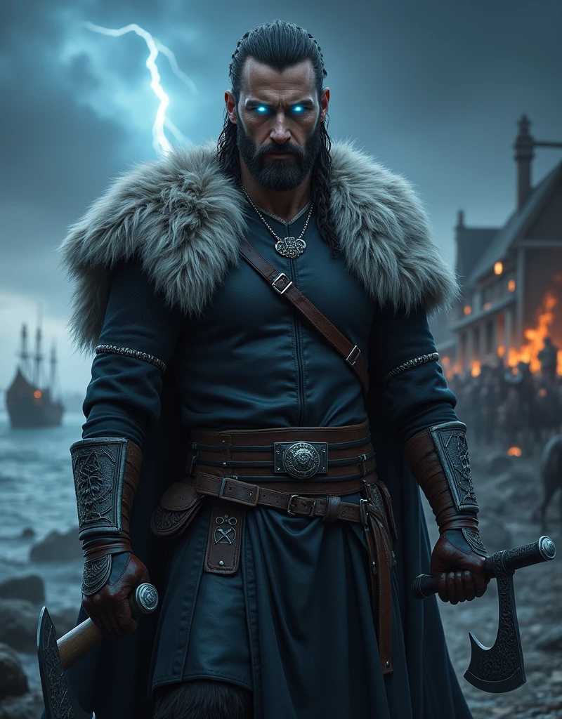 **Prompt**:
"A realistic dark fantasy portrait of Thorvik, the Sea Wolf, a human male in his mid-30s. He has handsome, rugged features similar to Ian Somerhalder, with piercing blue-white eyes that glow with supernatural intensity, like the Night King from Game of Thrones. His hair is dark, shoulder-length, and partially braided in a Viking style. He has a medium-length, well-groomed beard with small braids. Thorvik has an athletic and muscular build, standing confidently at approximately 6'1\" (185 cm). He is wearing dark leather armor with metal accents and a fur-trimmed cloak made from wolf pelts. He also has silver arm rings and a necklace with runic engravings. Thorvik is holding a decorated battle axe in one hand, and in the other, either a second axe or a shield. The background features a stormy Nordic coastline with longships visible in the distance, a dark and brooding sky with flashes of lightning, and swirling mist partially obscuring the lower part of the image. The village behind him is under Viking attack, with burning buildings, thick fog, and chaotic destruction. Emphasize the striking contrast between his human Viking appearance and his otherworldly eyes." - Style dark fantasy