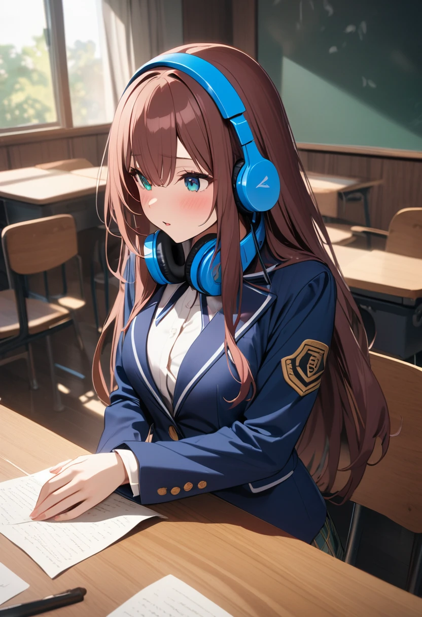 (Highest quality, 4K, 8k, High resolution, masterpiece:1.2), Very detailed, Picturesque, Animated Photography, Photo Animation:1.37)、Japanese girl、(Brown Hair)、(Medium Long Hair)、uniform、White shirt、Yellow-green checkered skirt、((Navy blue jacket))、Black choker、Blue headphones around the neck、classroom、Nakano Miku