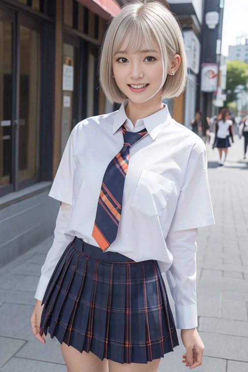 (masterpiece), (highest quality:1.3), (super detailed), ((photo realistic:1.3)), ((Young Japan girl)), Talents, realistic skin, (broad jawline:1.2), puffy face, (no makeup:1.2), (Very pale orange hair:1.2), (Very pale silver hair:1.25), (Shaggy hair:1.3), (Bob cut), (two side up hair), perfect anatomy, flat chest, ((female school uniform:1.2), ( white thin tight shirt), red necktie, tartan check pleated skirt, (dark navy socks:1.1)), earrings, necklace, (laugh out loud:1.2), wide view, from below , at street