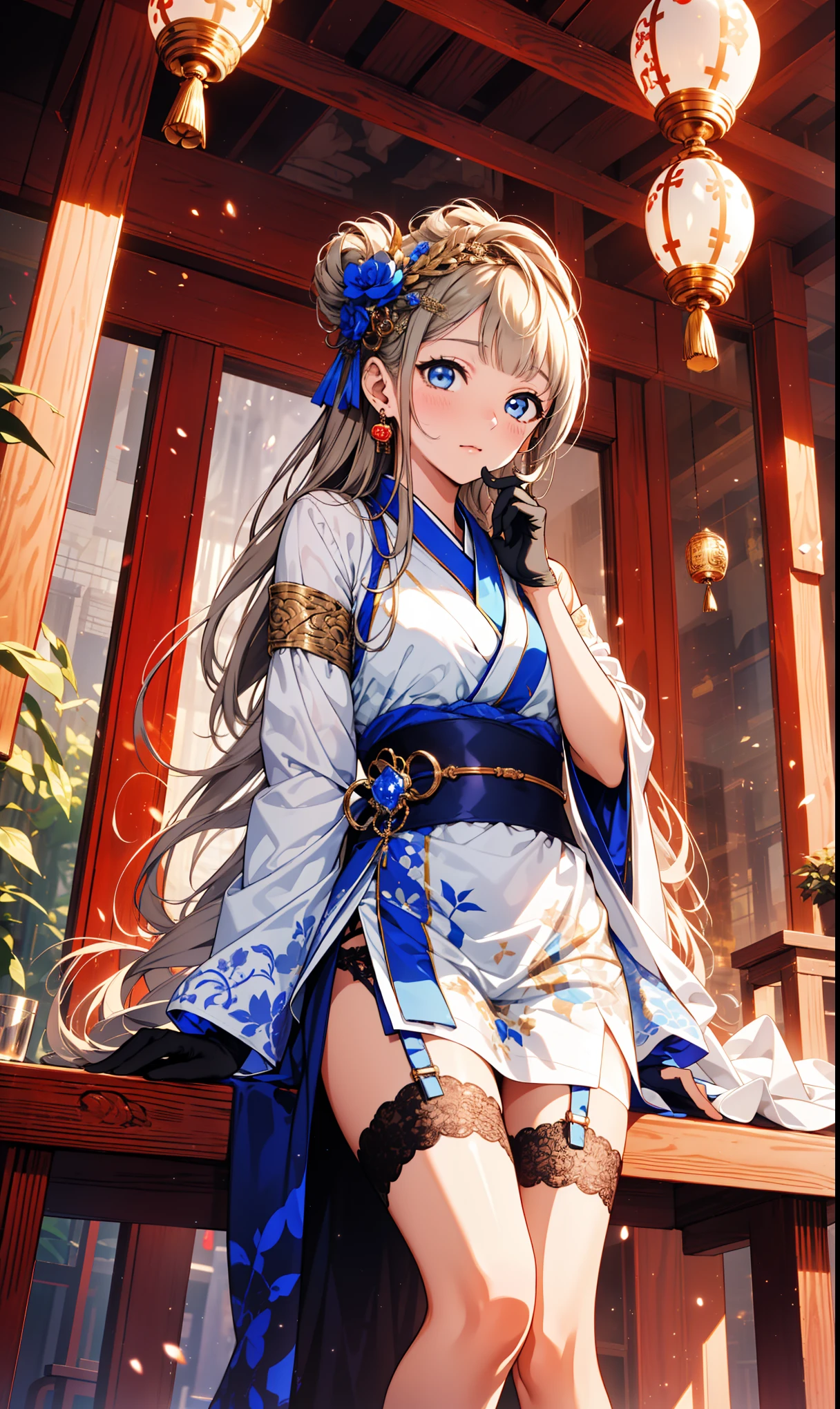 Top quality,best quality,Saint Elegant Charm,happiness,Gentle expression,in love,(Transparent colored Hanfu,Exquisite and gorgeous design),Black Gloves,Silver Hair,blue eyes,See through transparent clothes,Exquisite hair accessories,Transparent lace,Engraving pattern,Dress nicely,In the background is an old Chinese palace,Inside the hall,Elegant Posture,night,(Long garter belt:1.1),Super super detailed,Delicate and beautiful face and eyes