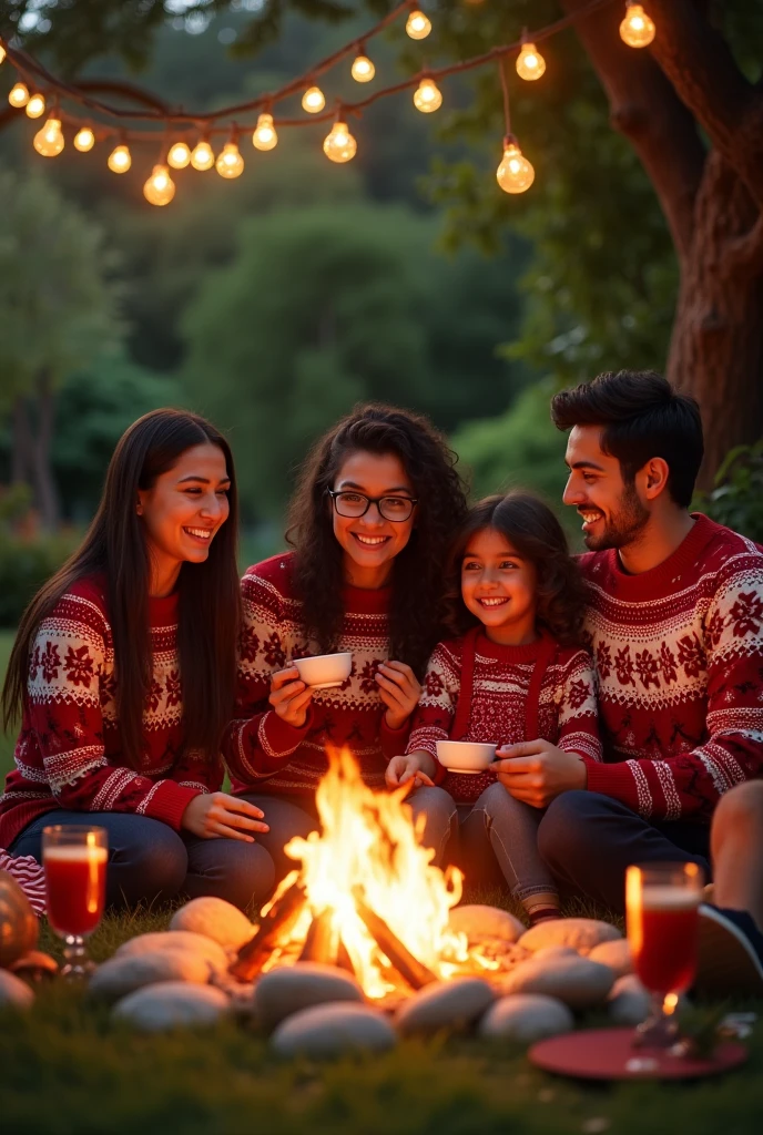 Create a photo where a family appears, specifically consisting of two 16-year-old daughters., the mother and the father, at Christmas sitting in the garden of their house with a bonfire in the center with Christmas sweaters all the same