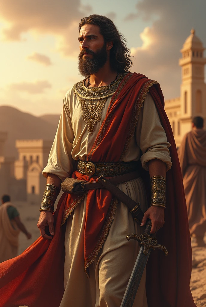 Epic style portrait in 4K: Joshua, the biblical leader, depicted in an inspiring scene. He wears a traditional tunic of the time, with a cape or cloak that symbolizes his leadership. In one hand he holds a sword or a staff., while in the other, holds a scroll or a map, symbolizing their role in the conquest of the Promised Land. The background should include biblical elements, like a view of the walls of Jericho or a desert landscape, and the image must convey determination, courage and faith. Use a realistic and detailed style, with a solemn and majestic atmosphere.