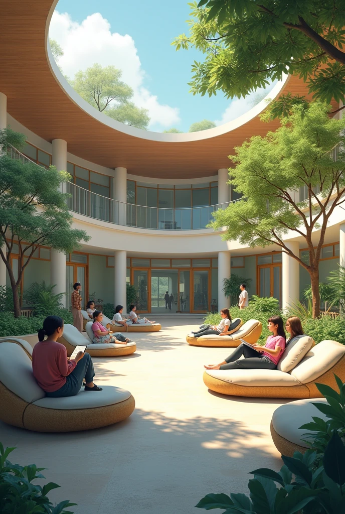 A perspective of a relaxation area in a university for university students, that has seats where they can lie down