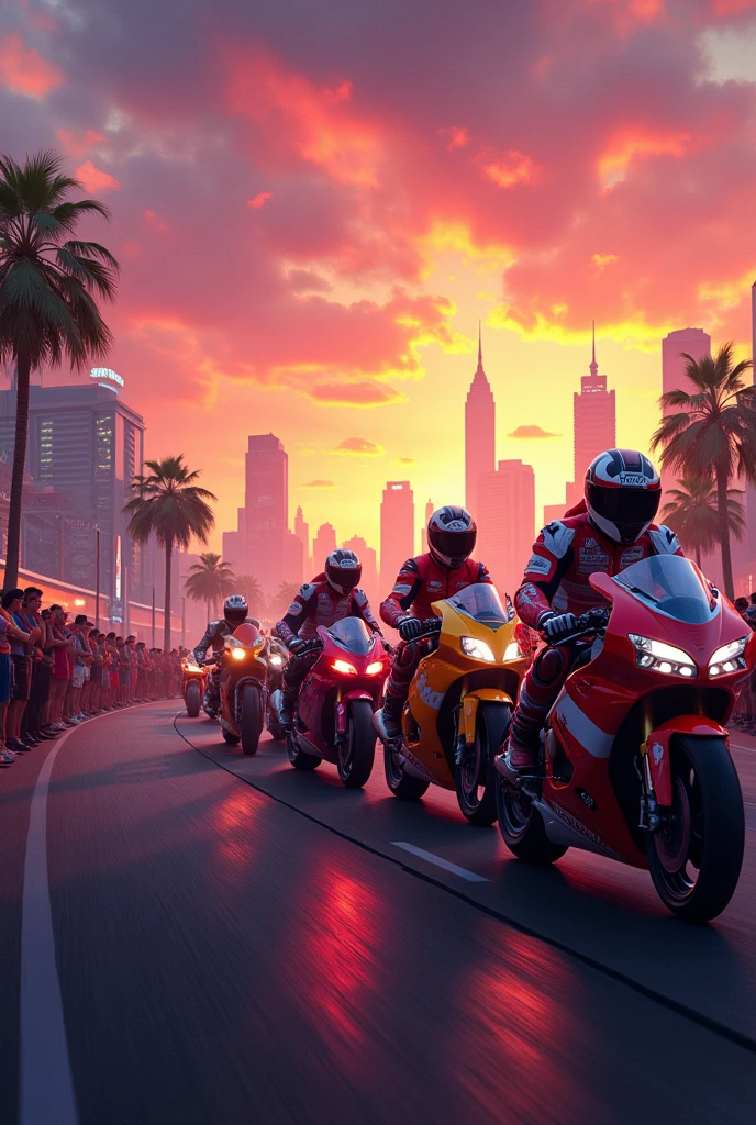 

“Create a vibrant portrait-oriented image depicting a thrilling motorcycle scene at sunset and towards aeon mall. In the foreground, show several racing motobike lined up with riders wearing colorful protective gear, eagerly waiting for the race to start. The background should feature a stunning city skyline filled with tall buildings silhouetted against a colorful sunset sky, radiating oranges, pinks, and purples. Include  people watching the motorcycles in anticipation, adding to the dynamic atmosphere of the scene. Capture the excitement and energy of the moment.”