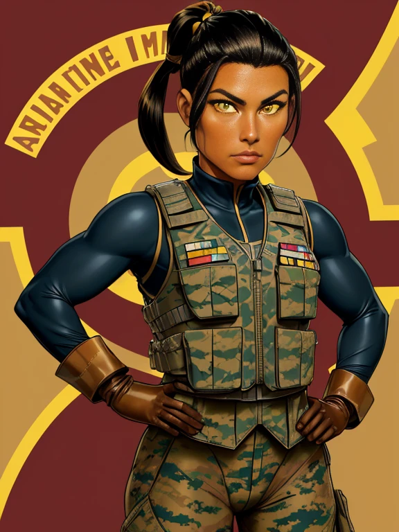 (26 year old:1.3), (Female), (Mixed race Guatemalan-Navajo), (tanned bronze skin:1.4), (Yellow colored eyes:1.4), (Short Black Hair:1.3), (Pony-Tail hair style:1.3), (Athletic:1.4), (Wearing: USA marine corps uniform, camouflage military uniform, bulletproof vest, and gloves), army girl, soldier girl, infantry girl,