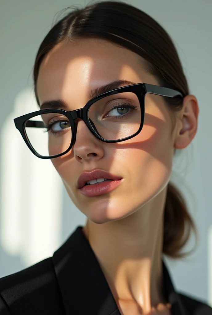 The model is wearing glass
