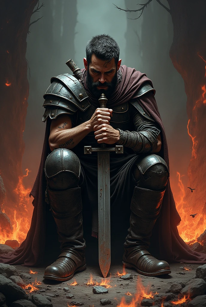 A broked warriors in hell. He is sad and sit with his sword as a support
