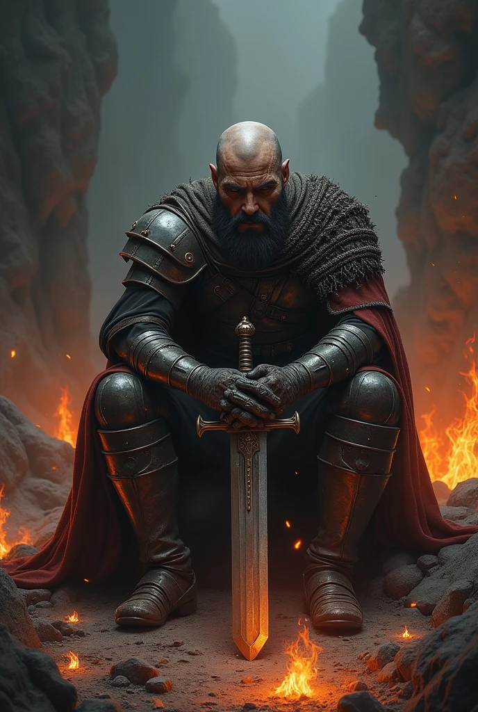 A broked warriors in hell. He is sad and sit with his sword as a support 